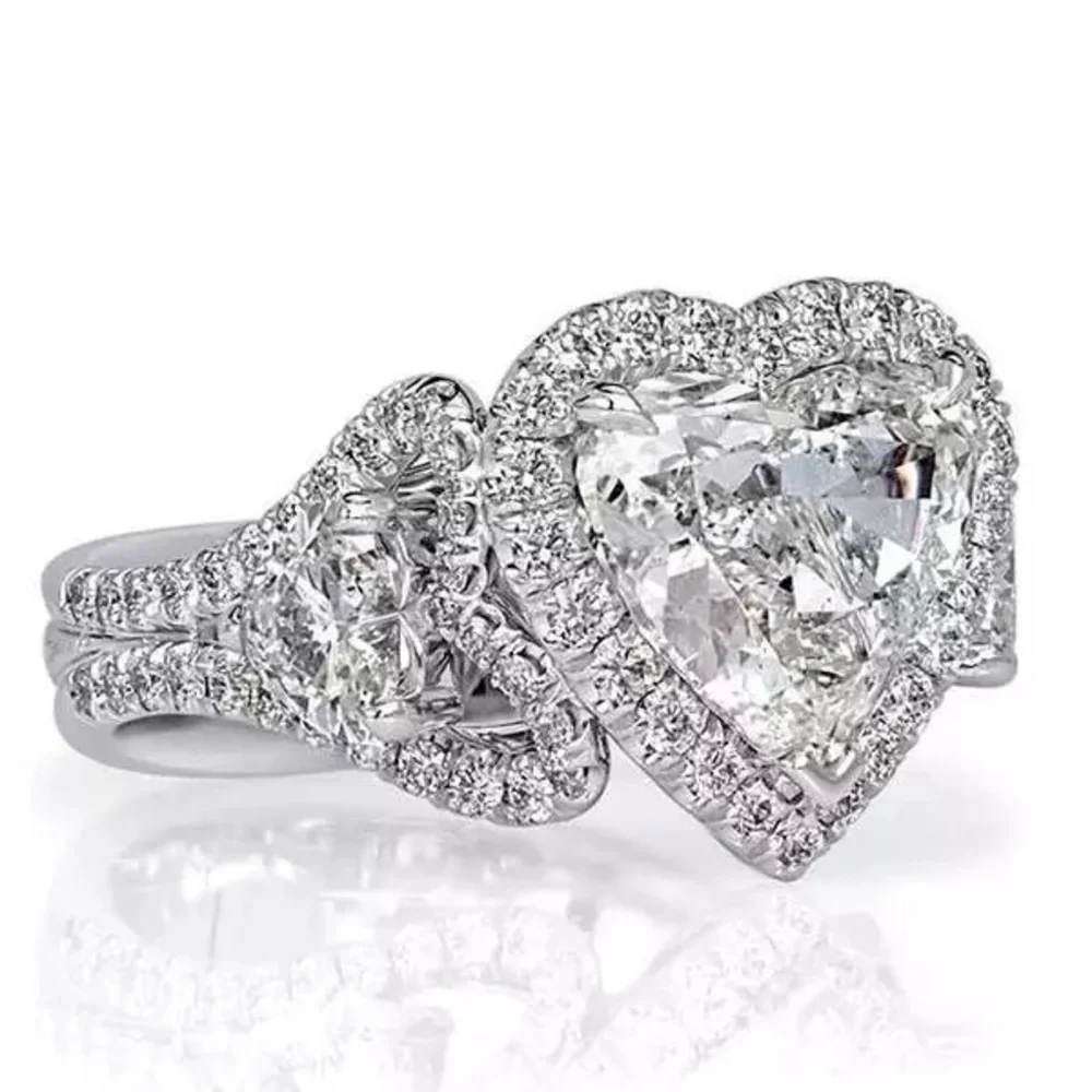 New 925 Luxury Sweet Heart Diamond Bridal Ring - Picture 3 of 5